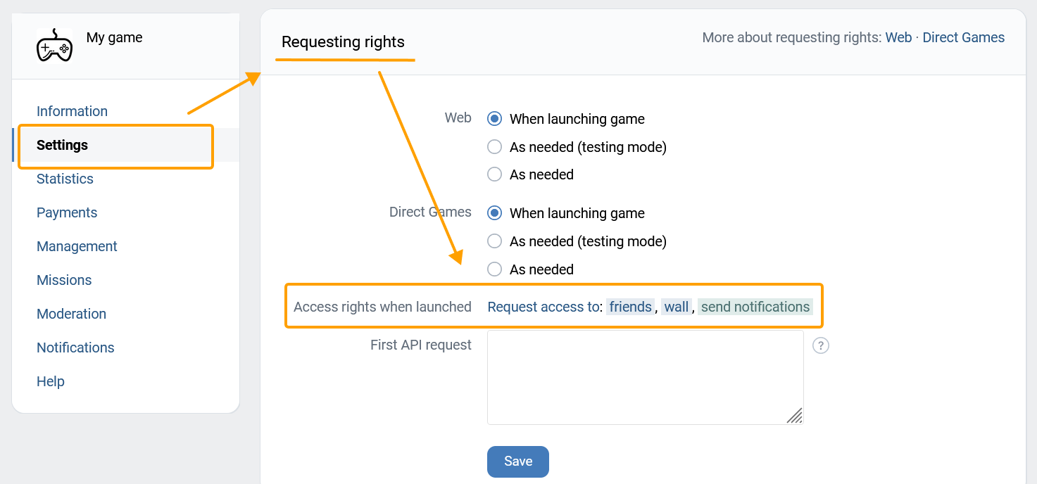Permission request block in the game settings